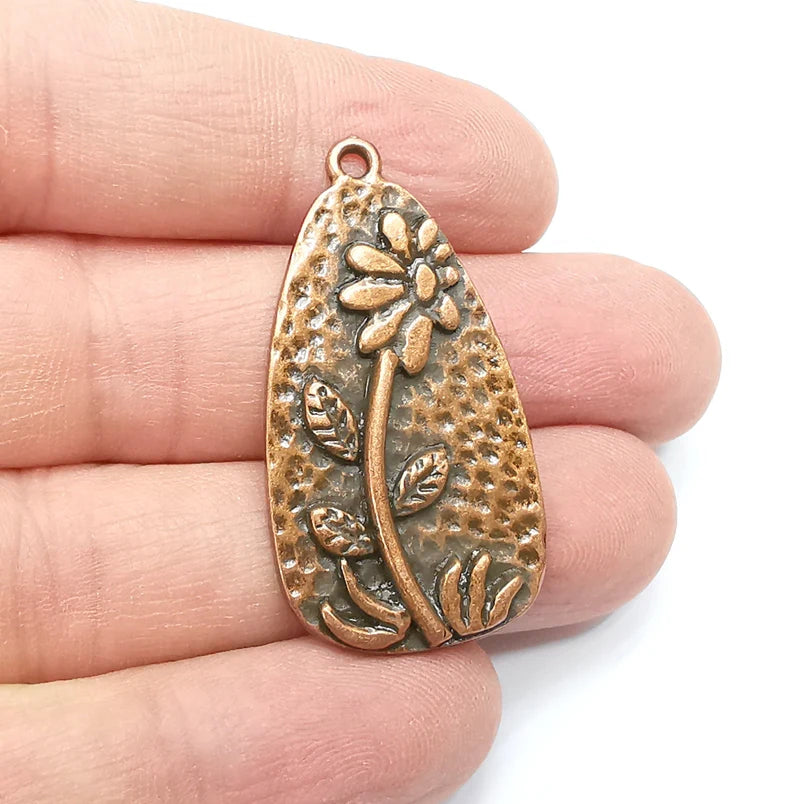 Flower Charms Antique Copper Plated Hammered Plant Charms (41x22mm) G29263