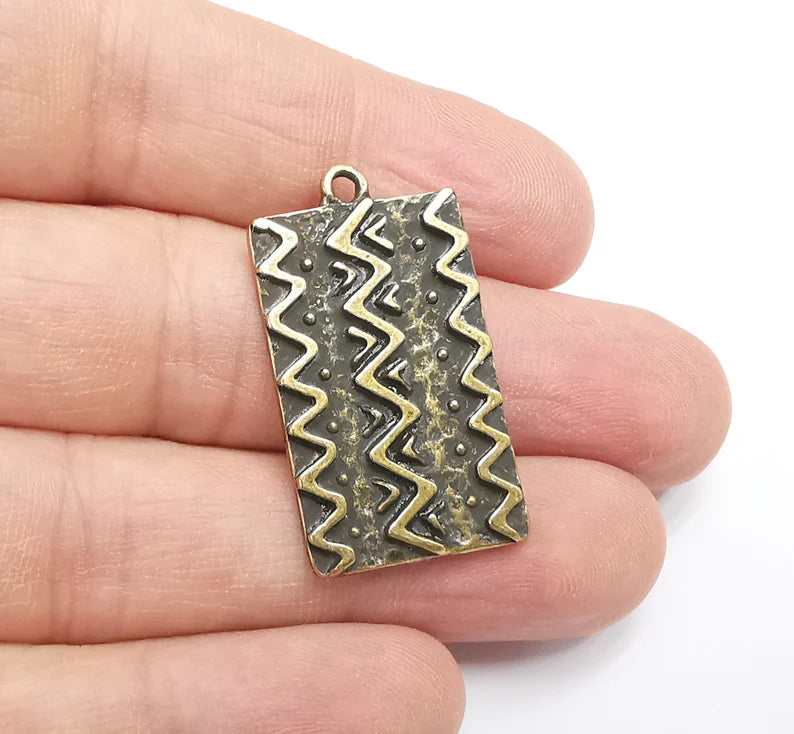 Flower Motif Charms, Ethnic Charms, Zigzag Charms, Jewelry Findings, Antique Bronze Plated Pendant (35x20mm) G29483