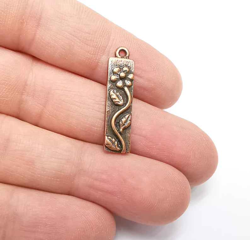 2 Flower Leaf Charms Branch Plant Charms Antique Copper Plated Charms (28x7mm) G29108