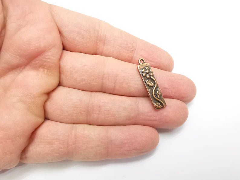 2 Flower Leaf Charms Branch Plant Charms Antique Copper Plated Charms (28x7mm) G29108