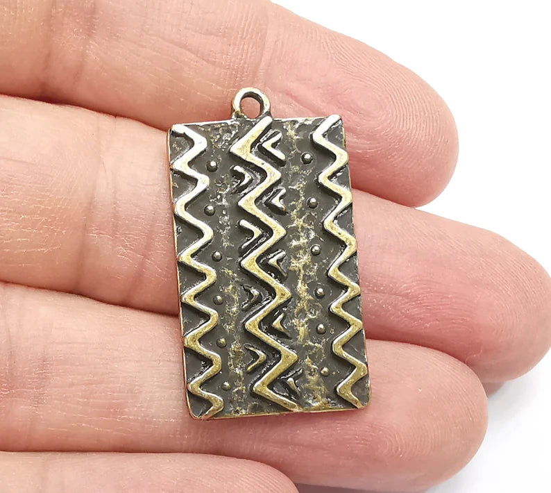 Flower Motif Charms, Ethnic Charms, Zigzag Charms, Jewelry Findings, Antique Bronze Plated Pendant (35x20mm) G29483