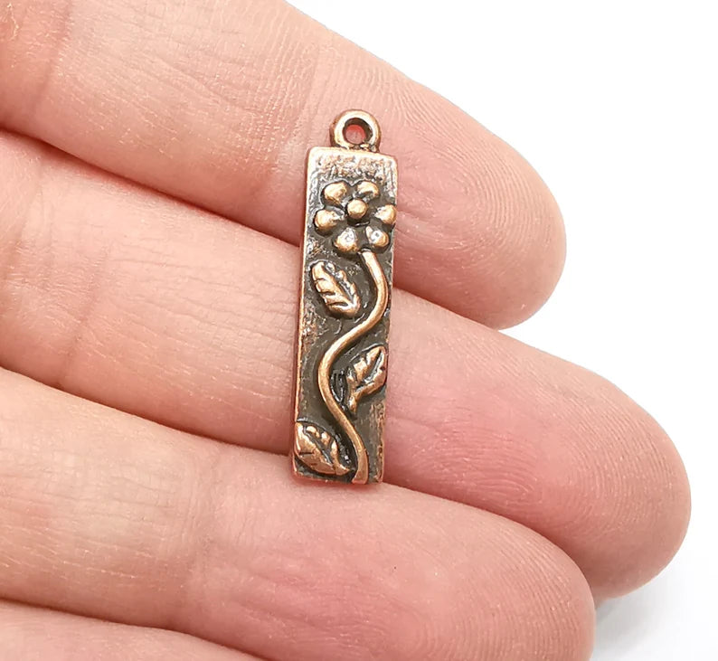 2 Flower Leaf Charms Branch Plant Charms Antique Copper Plated Charms (28x7mm) G29108