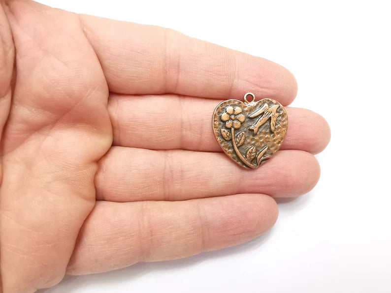 Flower Bird Heart Charms Antique Copper Plated Charms (27mm) G29269