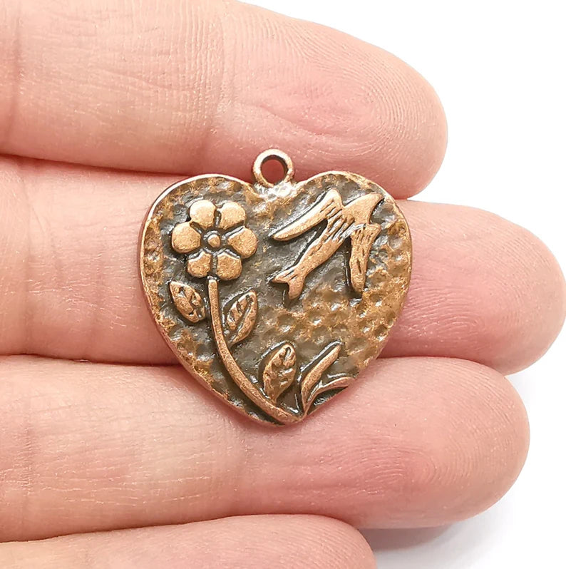 Flower Bird Heart Charms Antique Copper Plated Charms (27mm) G29269