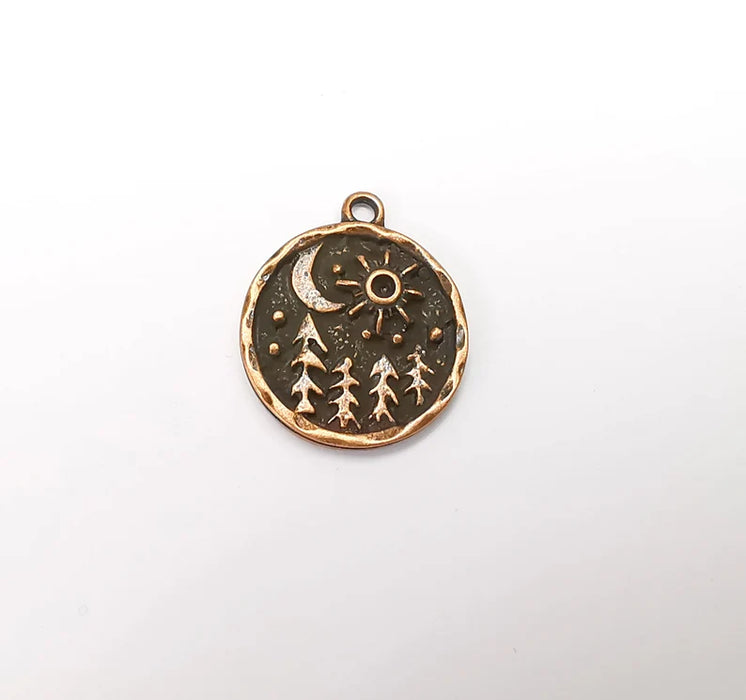 Pine Tree Forest Moon Stars Charms Crescent Night Pendant Antique Copper Plated Charms (25x21mm) G29272