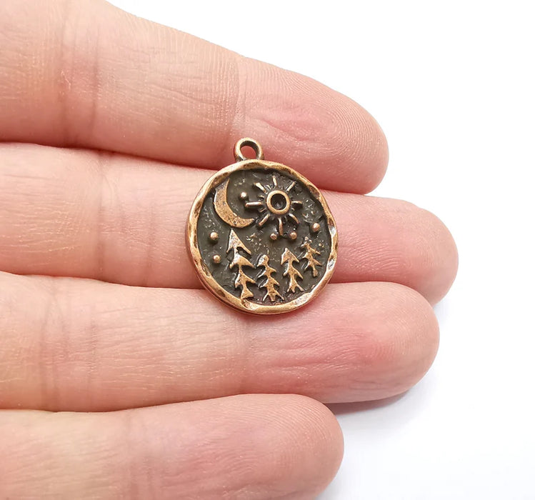 Pine Tree Forest Moon Stars Charms Crescent Night Pendant Antique Copper Plated Charms (25x21mm) G29272