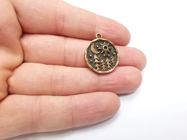 Pine Tree Forest Moon Stars Charms Crescent Night Pendant Antique Copper Plated Charms (25x21mm) G29272