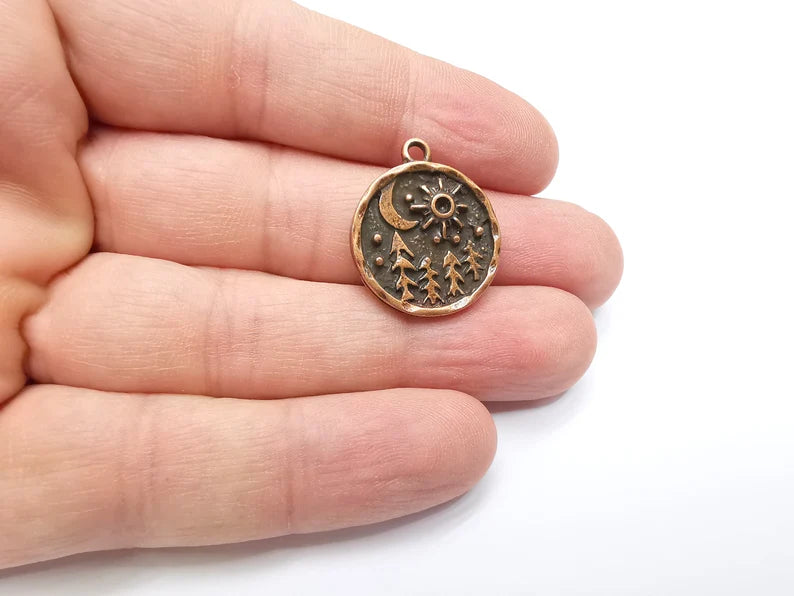 Pine Tree Forest Moon Stars Charms Crescent Night Pendant Antique Copper Plated Charms (25x21mm) G29272