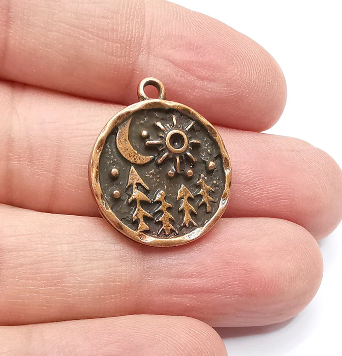 Pine Tree Forest Moon Stars Charms Crescent Night Pendant Antique Copper Plated Charms (25x21mm) G29272