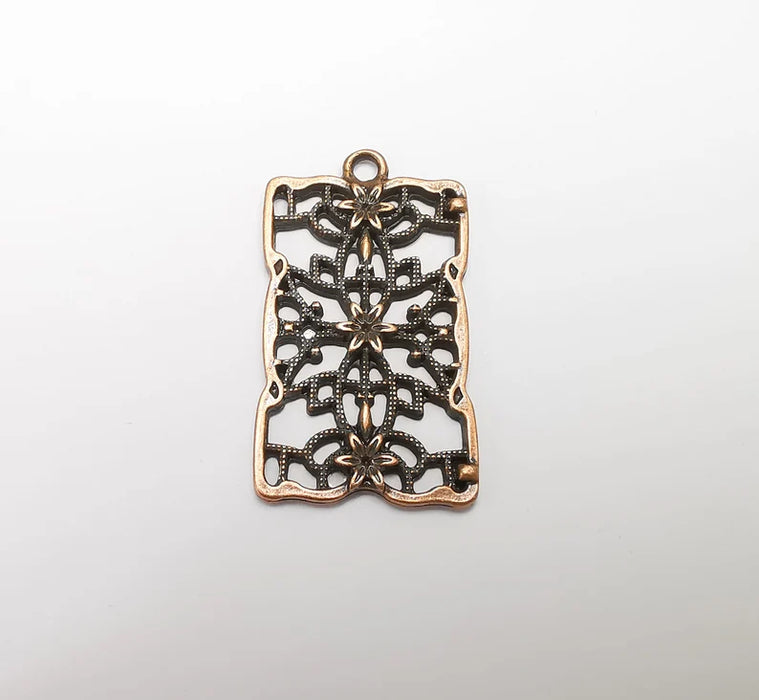 Rectangle Filigree Flower Dangle Charms, Antique Copper Plated Charms (44x25mm) G29273