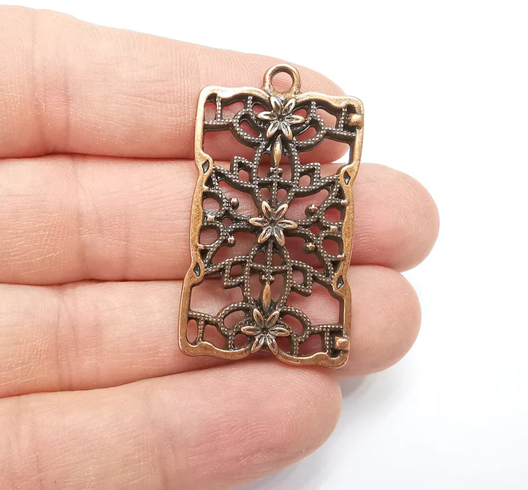 Rectangle Filigree Flower Dangle Charms, Antique Copper Plated Charms (44x25mm) G29273