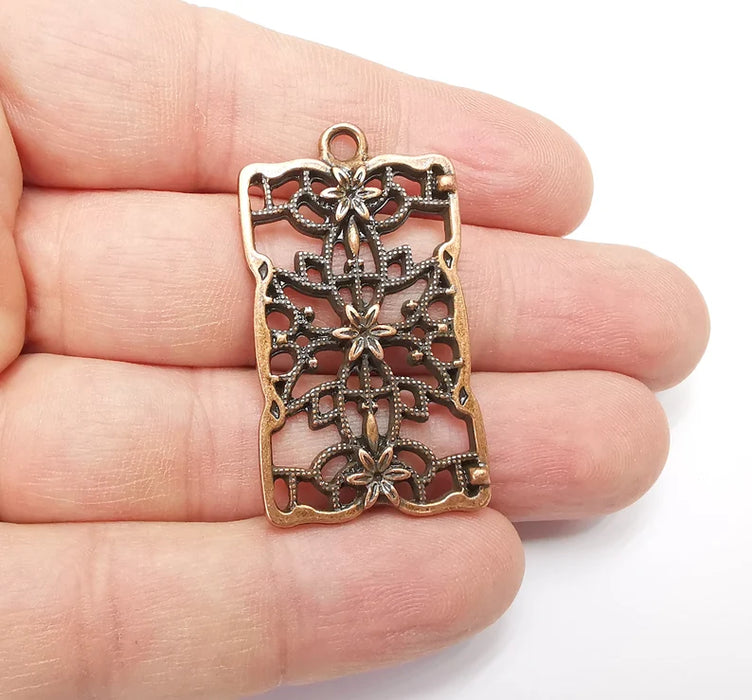 Rectangle Filigree Flower Dangle Charms, Antique Copper Plated Charms (44x25mm) G29273