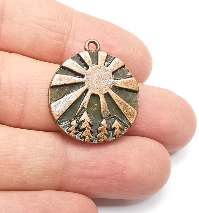 Sunlight Tree Jungle Charms, Antique Copper Plated Round Charms (29x25mm) G29276