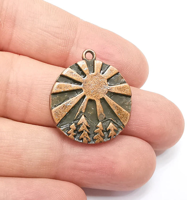 Sunlight Tree Jungle Charms, Antique Copper Plated Round Charms (29x25mm) G29276