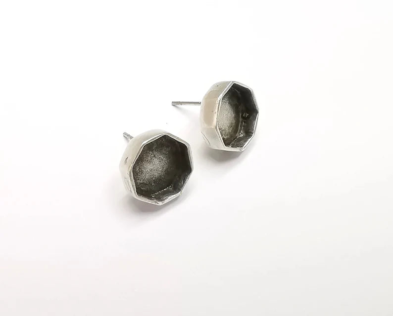 Octagon Earring Stud Base Bezel Silver Earring Set Blank Wire Antique Silver Plated Brass (10mm bezel) G29486