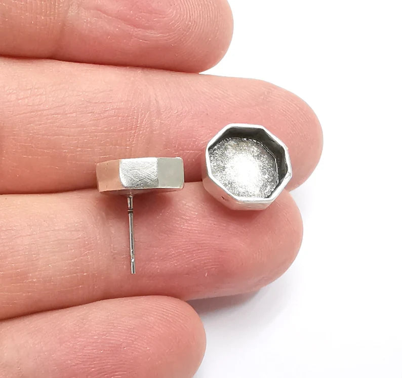 Octagon Earring Stud Base Bezel Silver Earring Set Blank Wire Antique Silver Plated Brass (10mm bezel) G29486