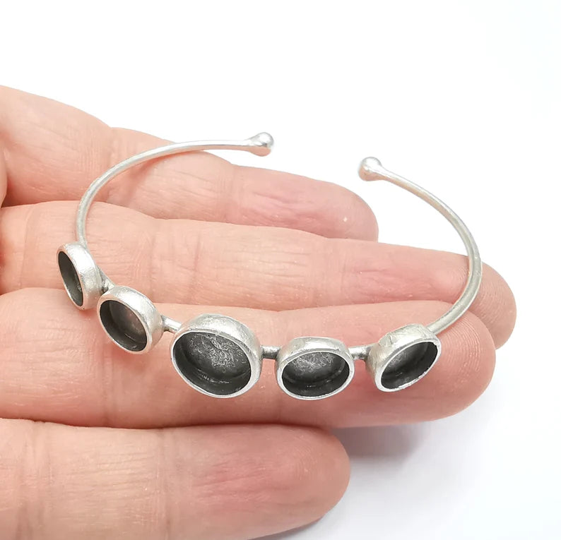 Silver Bracelet Blank Cuff Bezel Cabochon Base Resin Mountings Adjustable Antique Silver Plated Brass (10mm-8mm Bezel) G29498