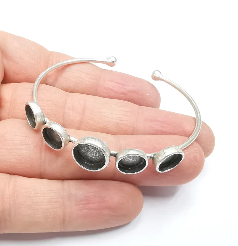 Silver Bracelet Blank Cuff Bezel Cabochon Base Resin Mountings Adjustable Antique Silver Plated Brass (10mm-8mm Bezel) G29498