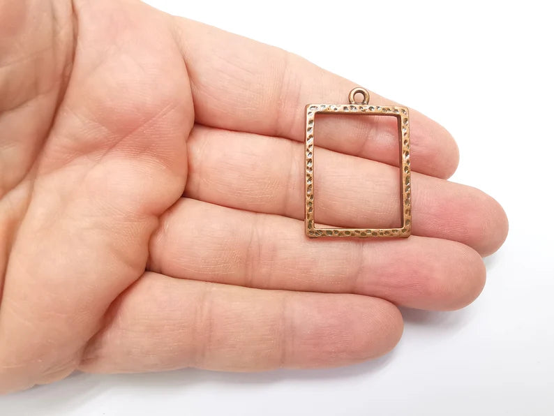 2 Rectangle Charm Antique Copper Plated Hammered Geometric Charms (35x24mm) G29288