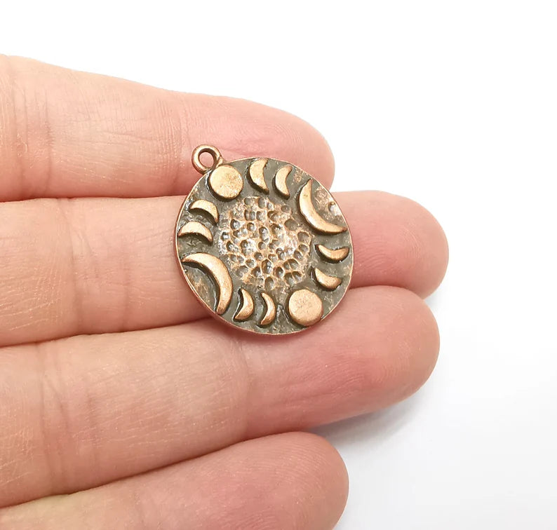 Crescent Moon Charms The Phases of The Moon, Round Hammered Ethnic Antique Copper Plated (28x24mm) G29290