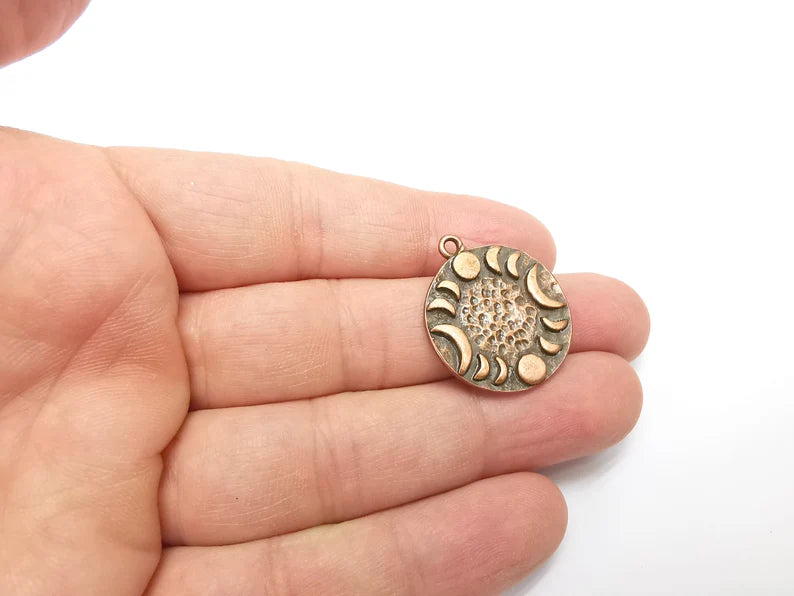 Crescent Moon Charms The Phases of The Moon, Round Hammered Ethnic Antique Copper Plated (28x24mm) G29290
