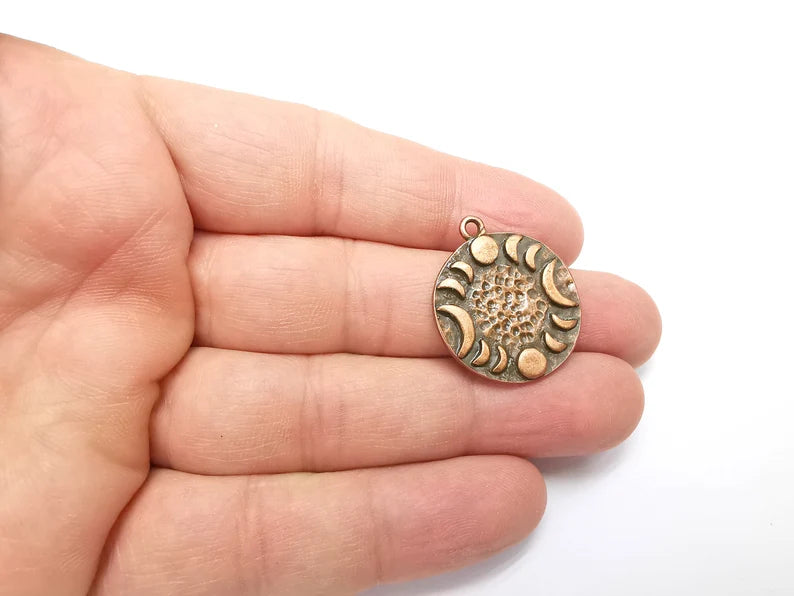 Crescent Moon Charms The Phases of The Moon, Round Hammered Ethnic Antique Copper Plated (28x24mm) G29290