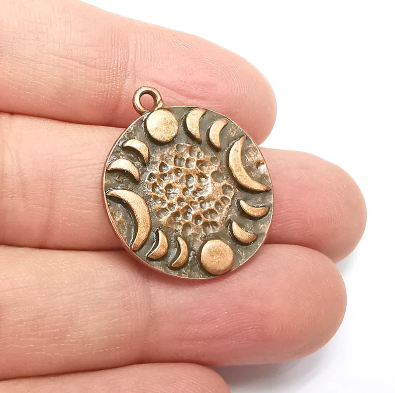 Crescent Moon Charms The Phases of The Moon, Round Hammered Ethnic Antique Copper Plated (28x24mm) G29290
