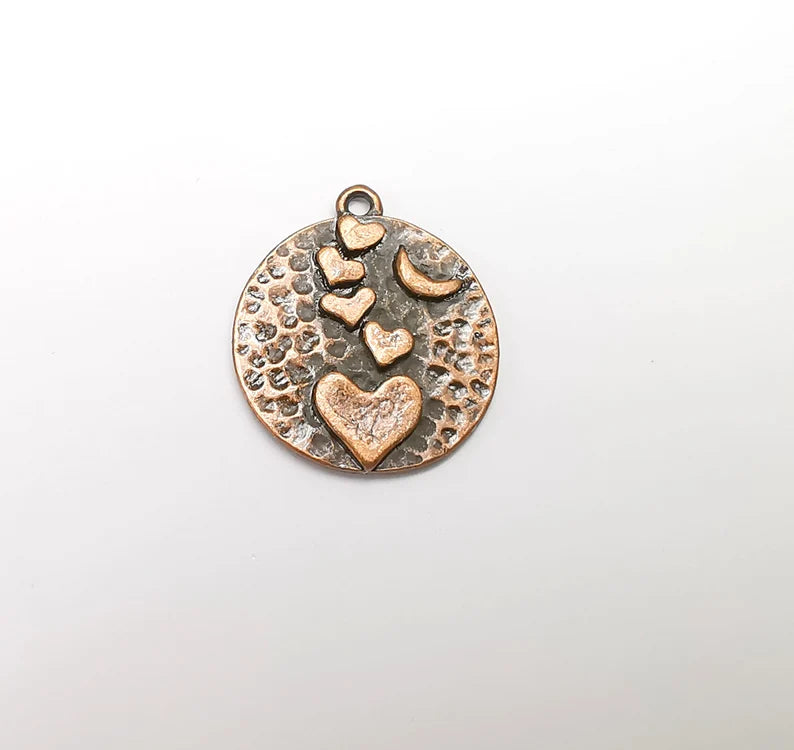 Heart Crescent Charms, Moon Charms, Hammered Disc Pendant, Antique Copper Plated (29x27mm) G29294