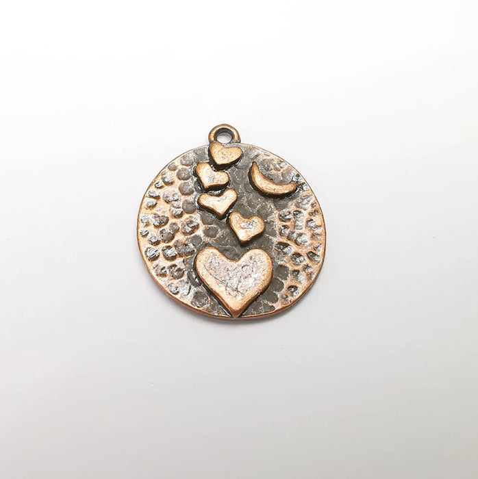 Heart Crescent Charms, Moon Charms, Hammered Disc Pendant, Antique Copper Plated (29x27mm) G29294