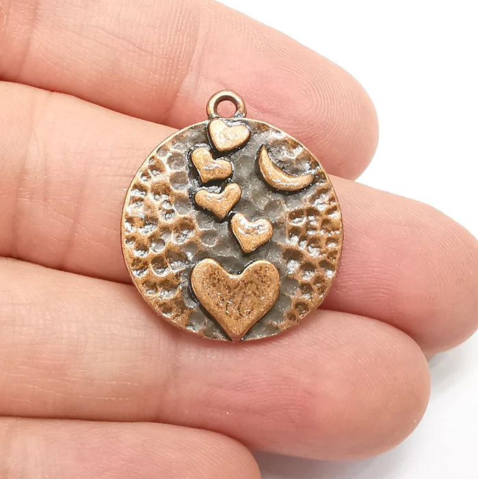 Heart Crescent Charms, Moon Charms, Hammered Disc Pendant, Antique Copper Plated (29x27mm) G29294