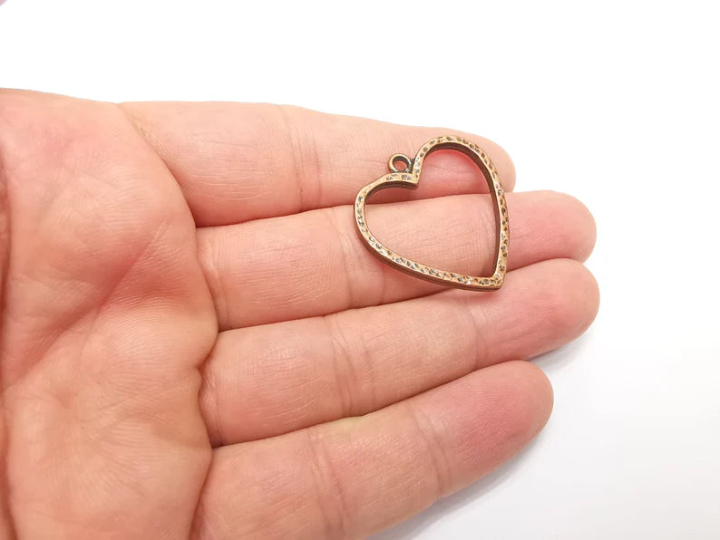 2 Heart Charms Antique Copper Plated Hammered Earring Components (32x31mm) G29298