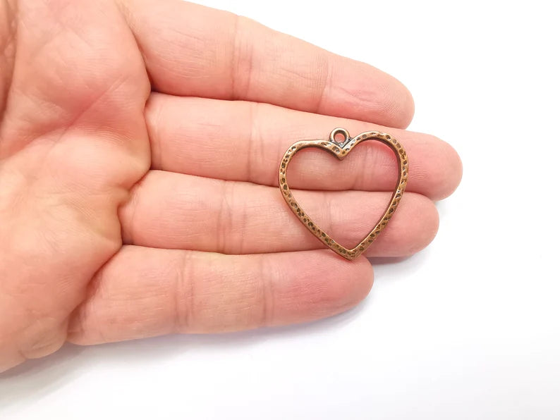 2 Heart Charms Antique Copper Plated Hammered Earring Components (32x31mm) G29298