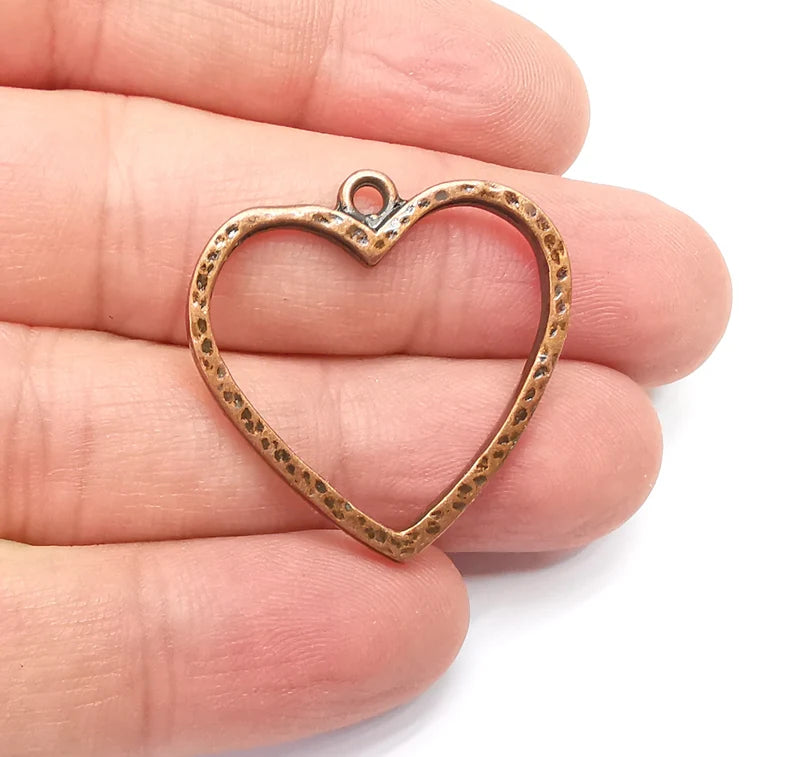 2 Heart Charms Antique Copper Plated Hammered Earring Components (32x31mm) G29298