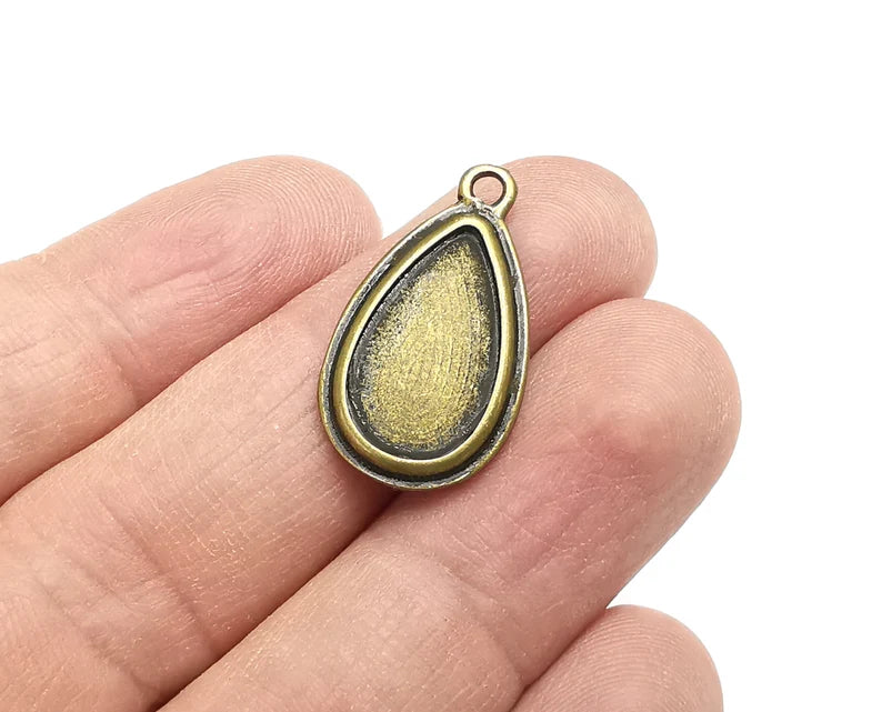 2 Teardrop Charm Bezel, Resin Blank, Mosaic Pendant Frame, Cabochon Base,Dry Flower Setting,Antique Bronze Plated (18x10mm) G29613
