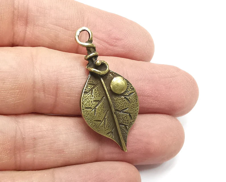 2 Leaf Charms, Dew Grain Charms, Antique Bronze Plated Charms (40x19mm) G29625