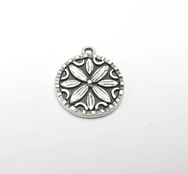 2 Flower Charms, Antique Silver Plated Mandala Charms (24x20mm) G29400