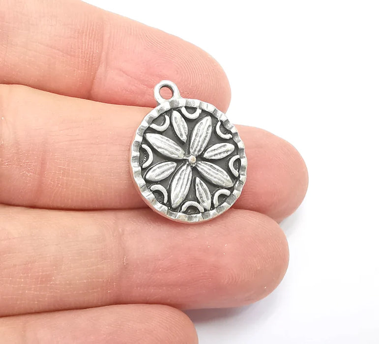 2 Flower Charms, Antique Silver Plated Mandala Charms (24x20mm) G29400