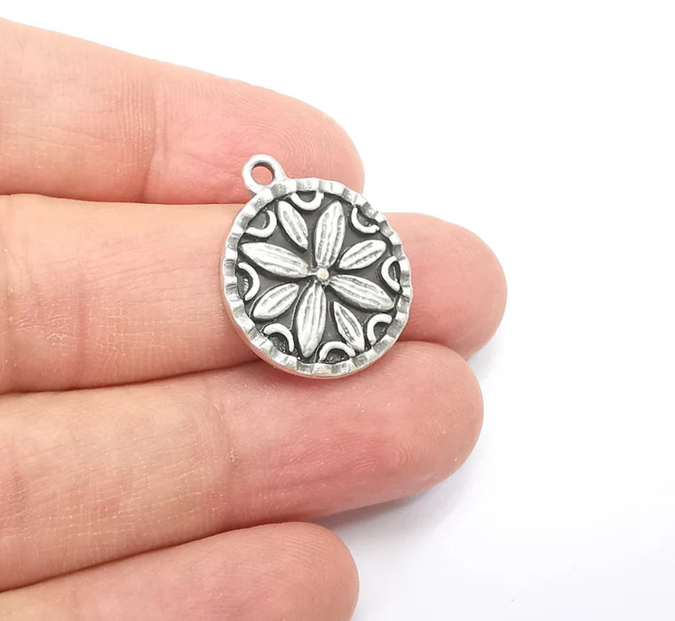 2 Flower Charms, Antique Silver Plated Mandala Charms (24x20mm) G29400