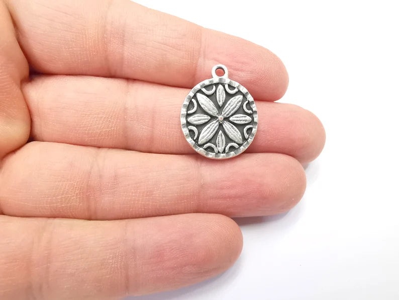 2 Flower Charms, Antique Silver Plated Mandala Charms (24x20mm) G29400