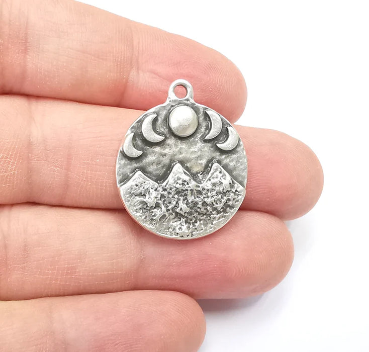 Mountain and Moon Charms The phases of the Moon Charms Pendant Antique Silver Plated Charms (28x24mm) G29402