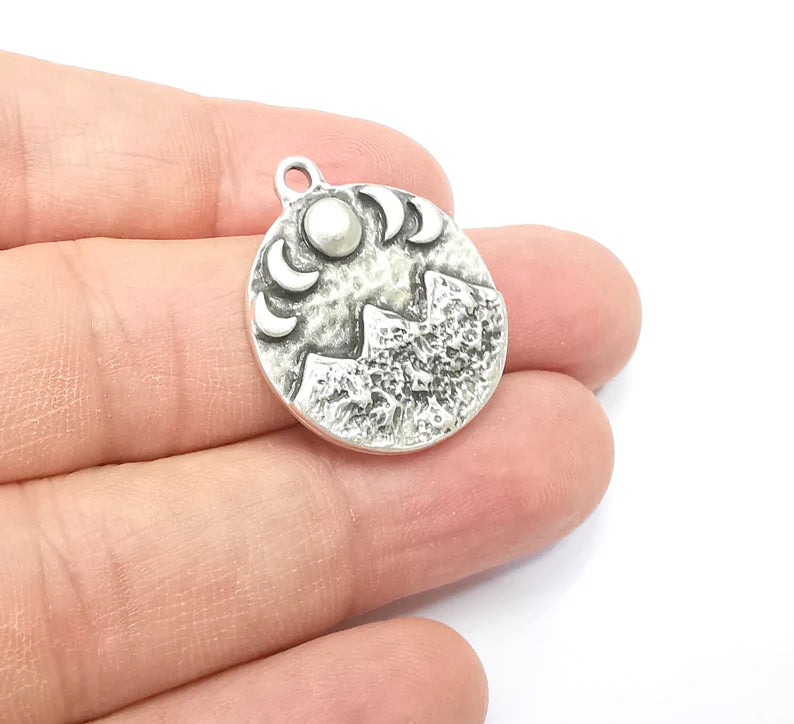 Mountain and Moon Charms The phases of the Moon Charms Pendant Antique Silver Plated Charms (28x24mm) G29402
