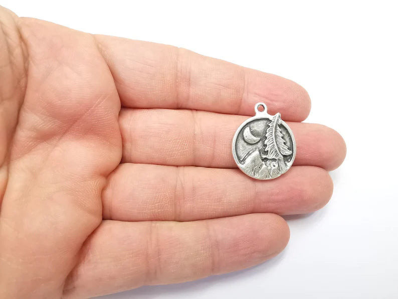 Mountain Tree and Crescent Charms Landscape Tree Moon Charms Pendant Antique Silver Plated Charms (28x24mm) G29404