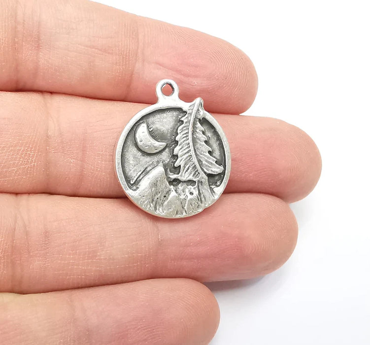 Mountain Tree and Crescent Charms Landscape Tree Moon Charms Pendant Antique Silver Plated Charms (28x24mm) G29404