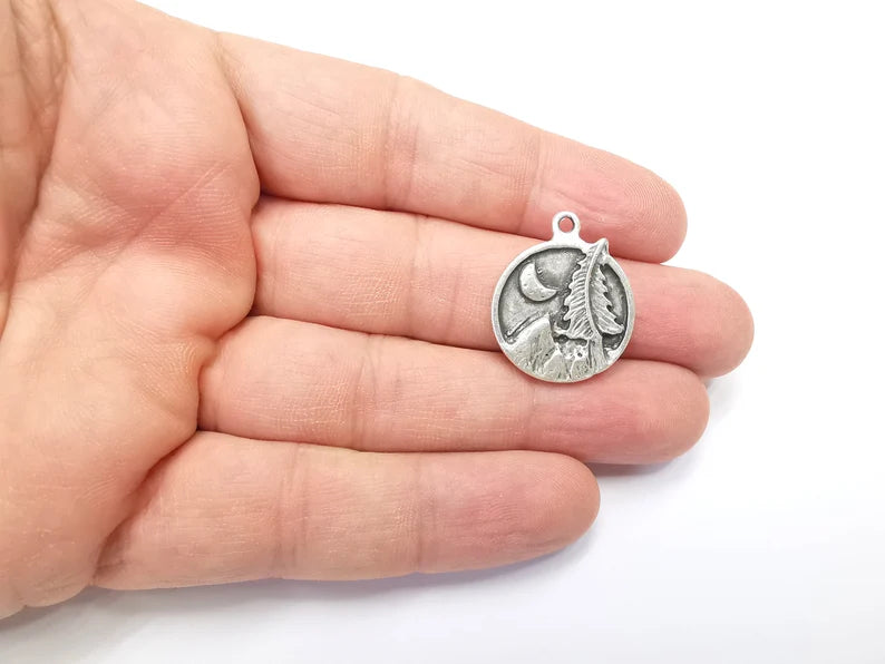 Mountain Tree and Crescent Charms Landscape Tree Moon Charms Pendant Antique Silver Plated Charms (28x24mm) G29404