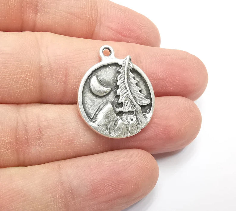 Mountain Tree and Crescent Charms Landscape Tree Moon Charms Pendant Antique Silver Plated Charms (28x24mm) G29404