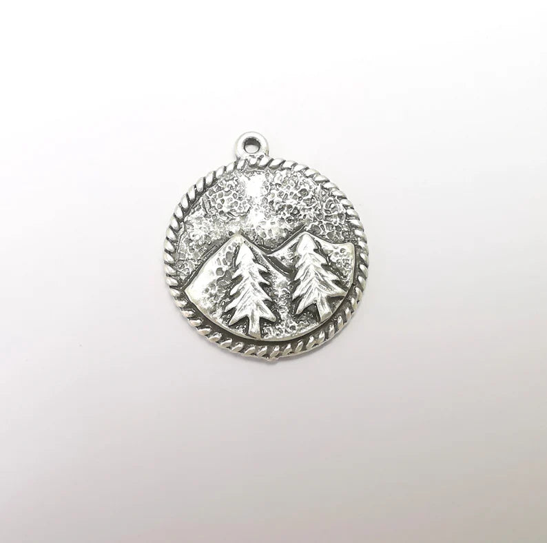 Mountain Tree Landscape Charms Pendant Antique Silver Plated Charms (30x26mm) G29405