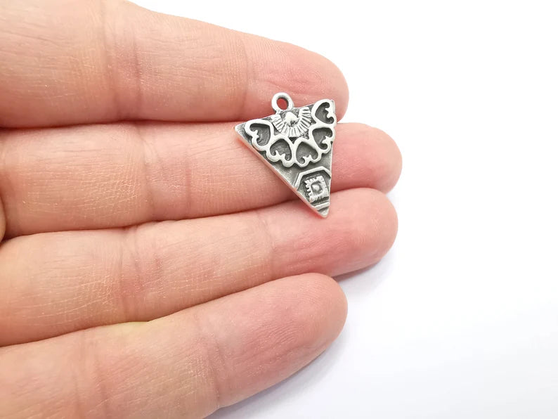 2 Unique Triangle Silver Charms, Antique Silver Plated (25x22mm) G29406