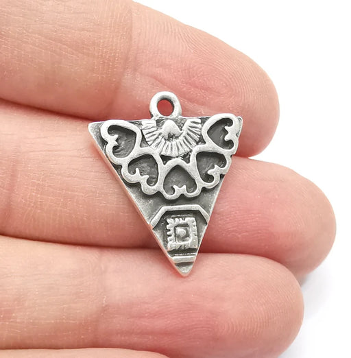 2 Unique Triangle Silver Charms, Antique Silver Plated (25x22mm) G29406