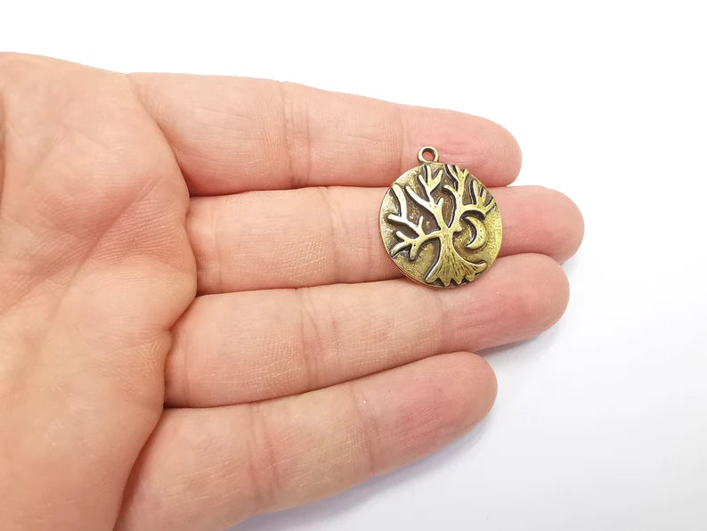 Tree and Crescent Charms Pendant Antique Bronze Plated Charms (28x25mm) G29407