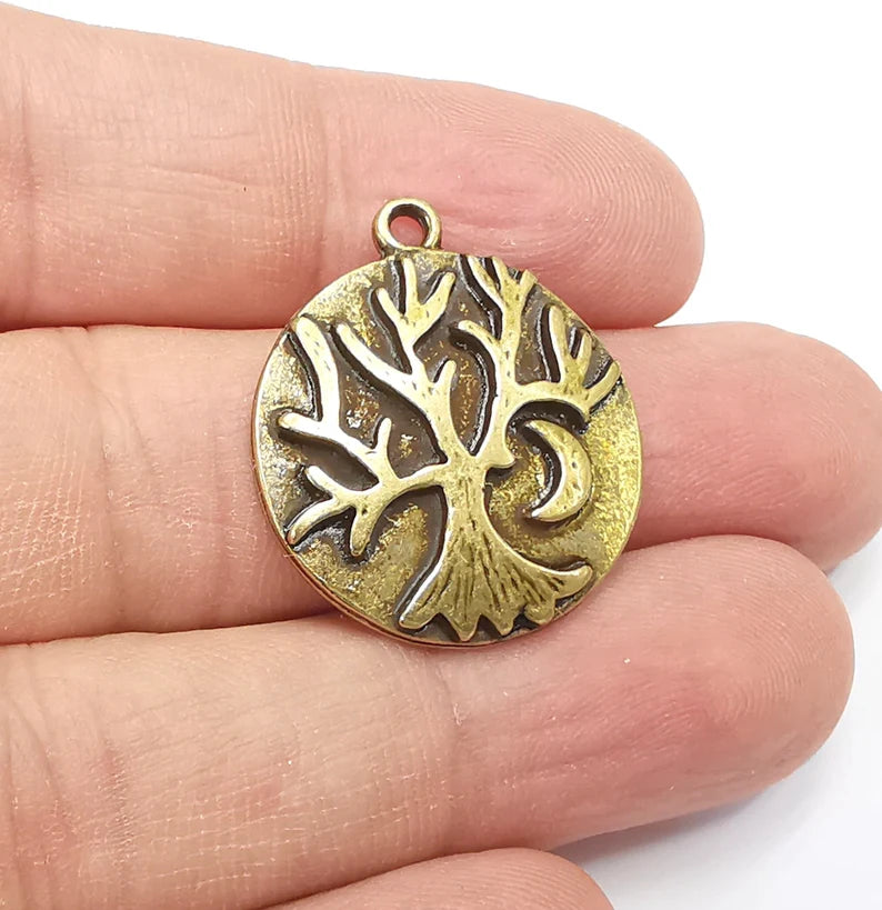 Tree and Crescent Charms Pendant Antique Bronze Plated Charms (28x25mm) G29407